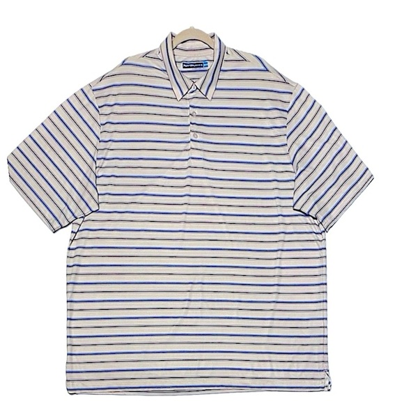Roundtree & Yourke Polo Shirt 3 Button M 2XT Stretch Striped Blue, Brown & White - Picture 1 of 9